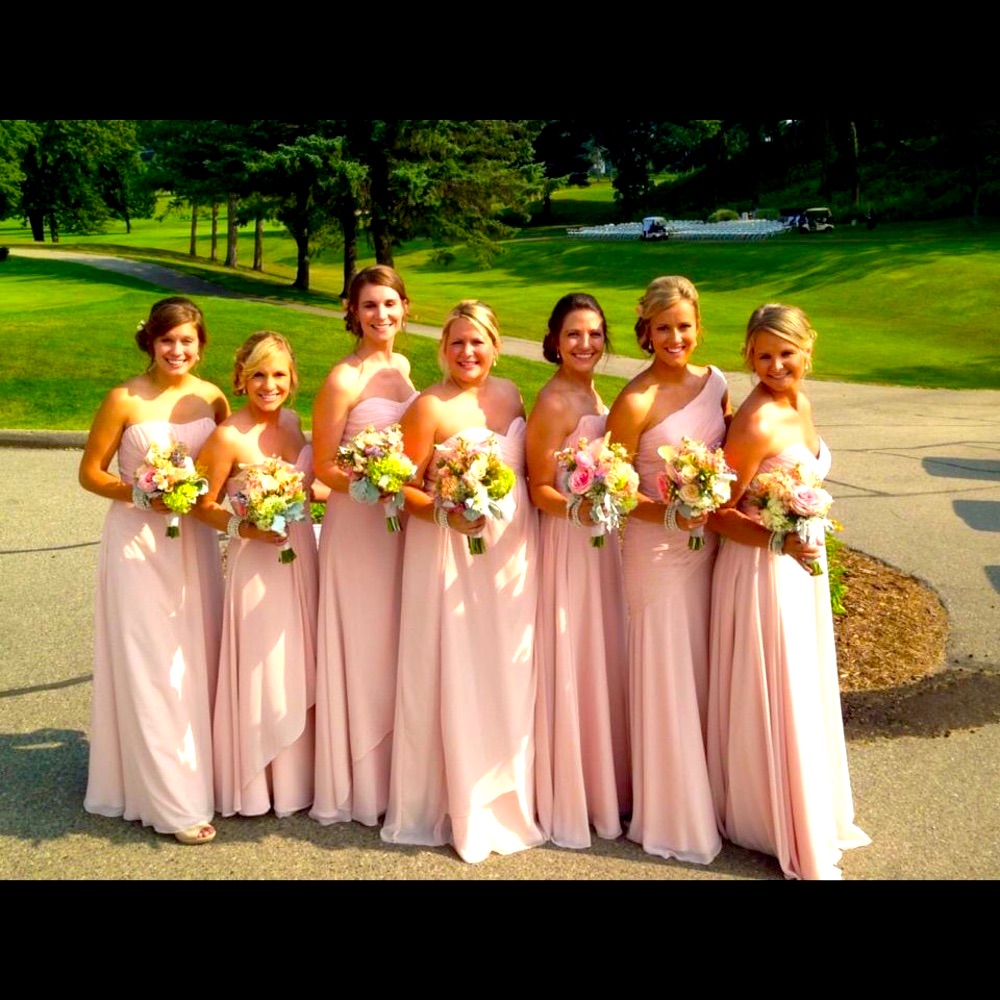 Mori Lee Bridesmaid Strapless Sweetheart Chiffon Formal Maxi Dress Blush Prom